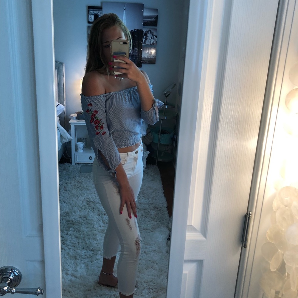 Striped and Floral Accented Off Shoulder Top